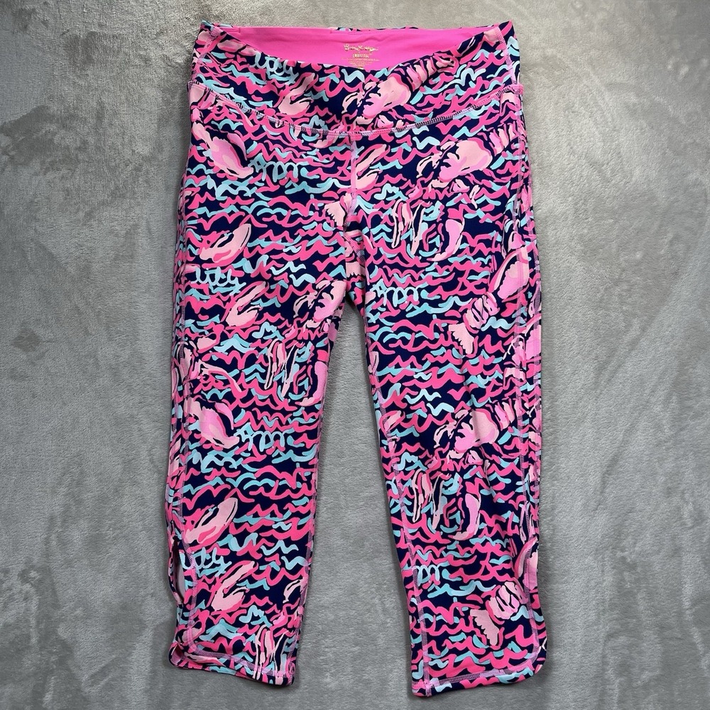 Lilly Pulitzer L Luxletic Weekender Crop Leggings Lobstah Roll Print Pink Navy - Picture 1 of 8